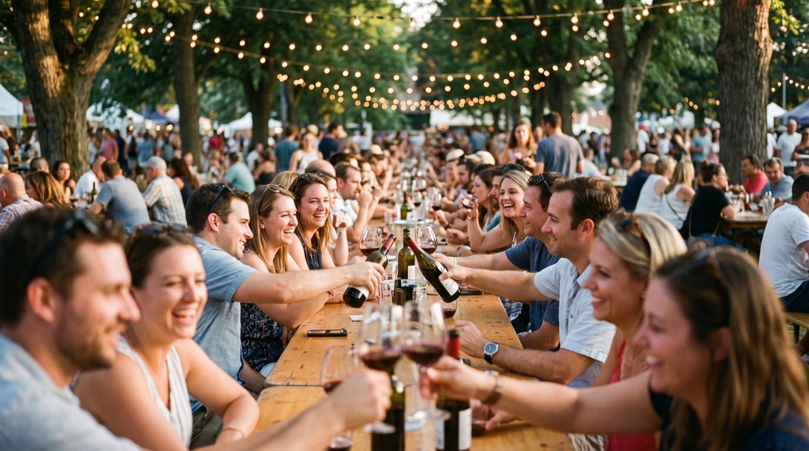 Lange Festtafel unter Lichterketten, Gäste stoßen mit Wein an